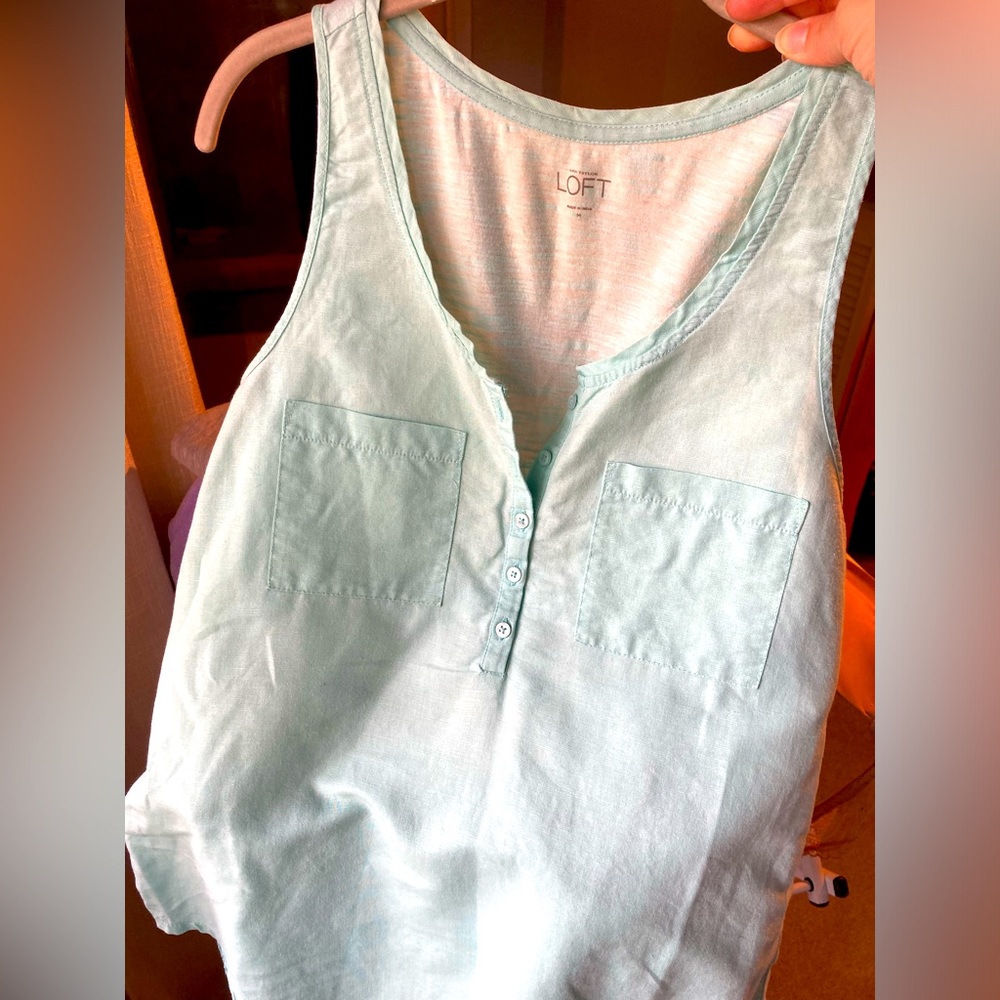 Turquoise LOFT mixed media tank top (linen front, and slub jersey back)